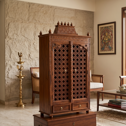 ADOUER WOOD Intricately Crafted Solid Teak Wood Puja Ghar / Temple
