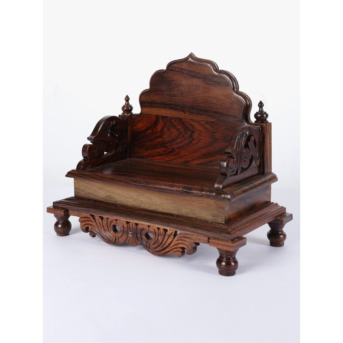Sheesham Wood Designer Pooja Chowki with Intricate Front Carving – Walnut