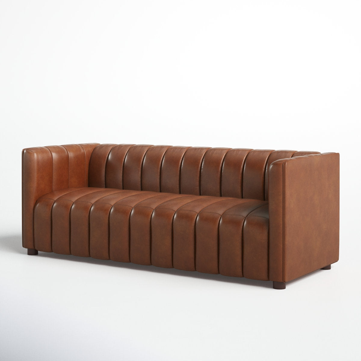 Mid-Century Modern Vertical Channel Tufted Leather Sofa on Solid Wood Frame