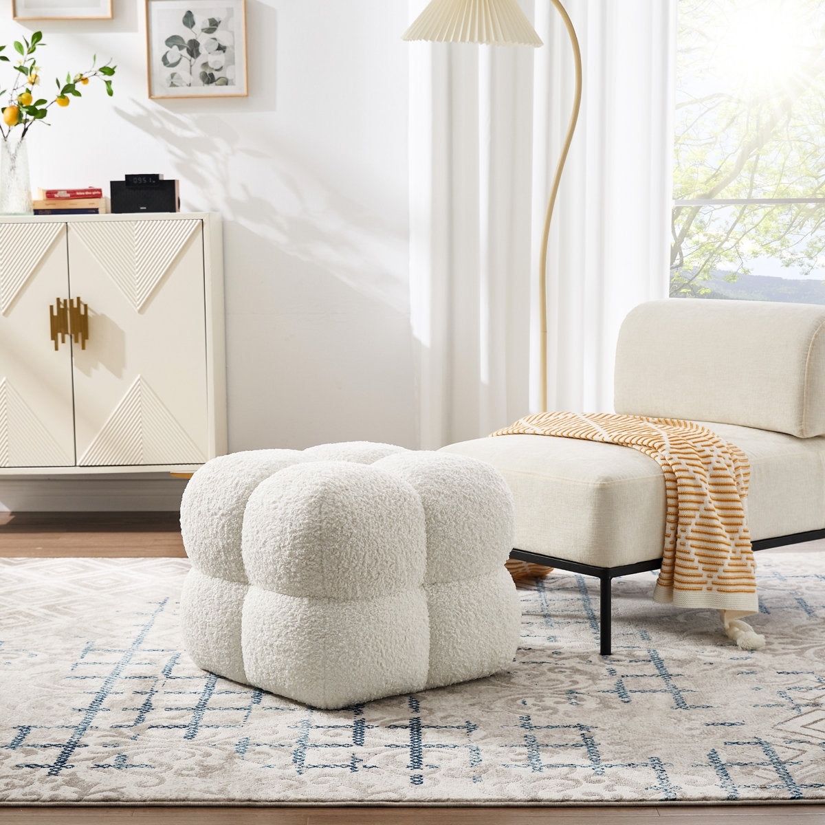 Contemporary Square Boucle Ottoman with Puffy Scalloped Design