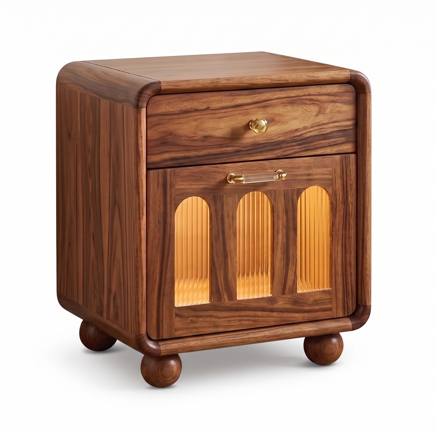 Adouer Wood Solid Sheesham Wood Bedside Table with Drawer and Fluted Acrylic Glass Door