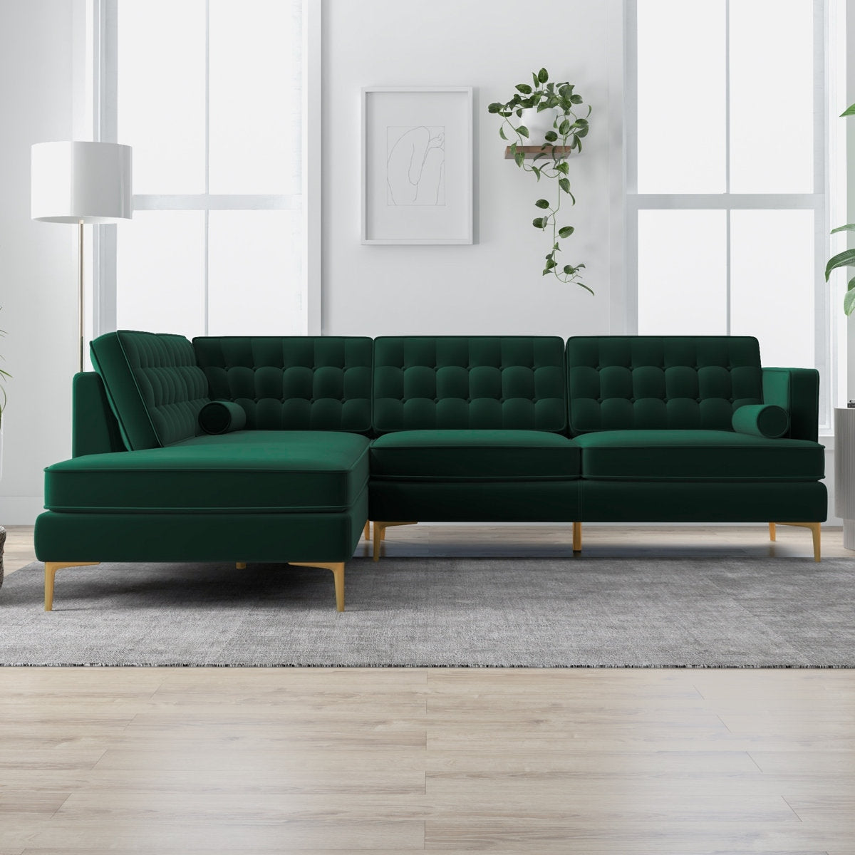 Emerald Green Velvet Tufted L-Shape Sectional 4 Seater Sofa