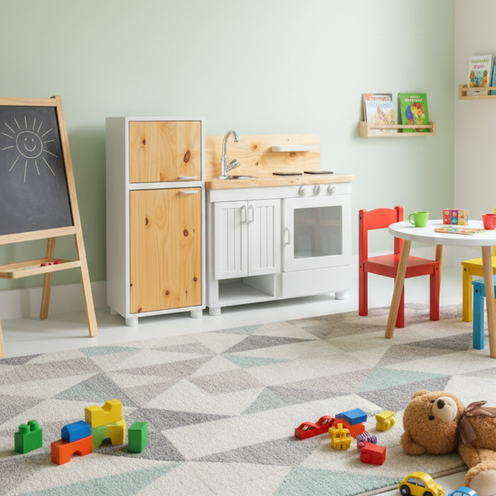 ADOUER WOOD Handcrafted Wooden Play Kitchen for Toddlers – Natural & White Montessori Toy Kitchen with Fridge, Oven, and Sink