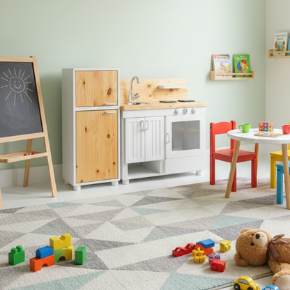 ADOUER WOOD Handcrafted Wooden Play Kitchen for Toddlers – Natural & White Montessori Toy Kitchen with Fridge, Oven, and Sink