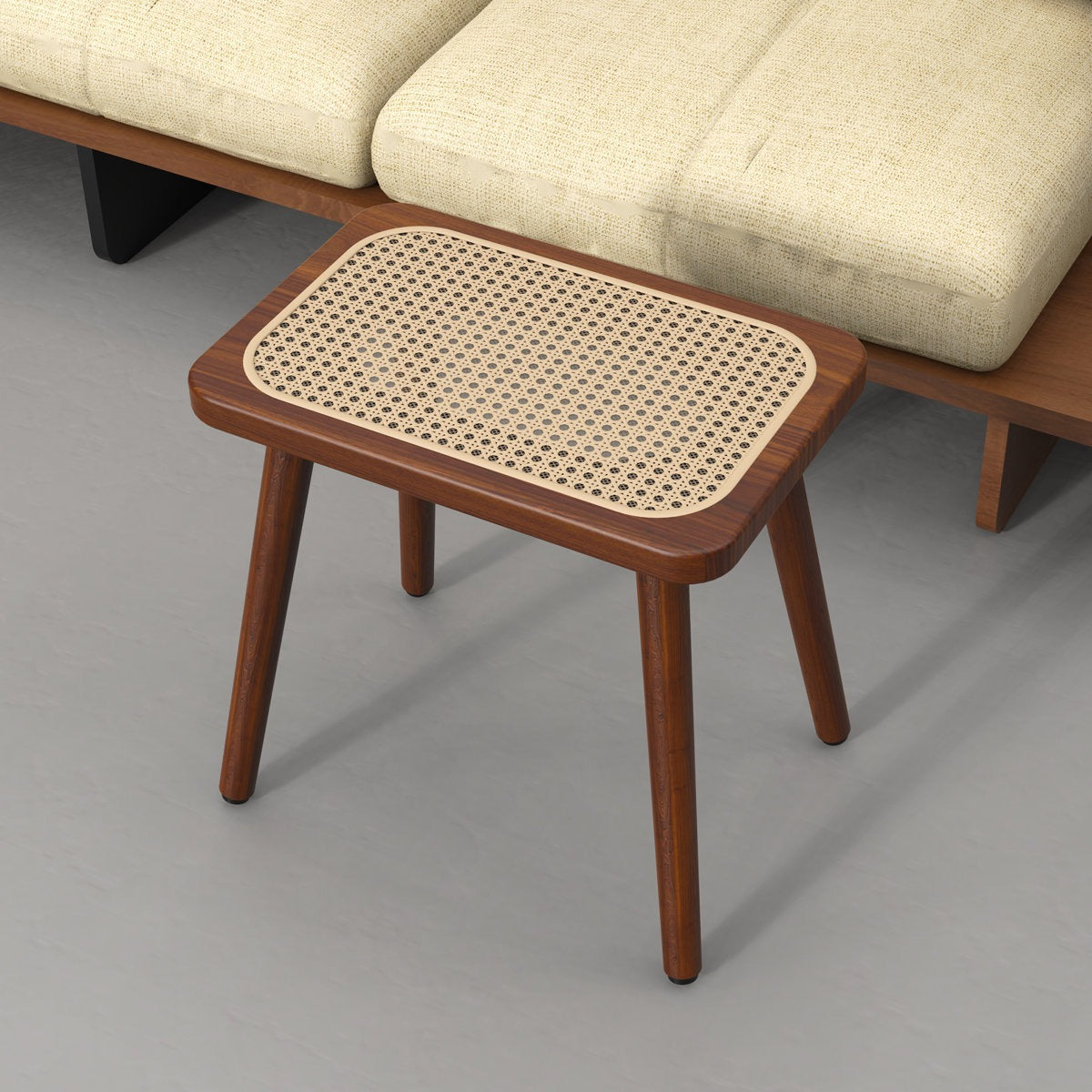 ADOUER WOOD Mid-Century Modern Solid Wood Stool with Woven Rattan Cane Seat
