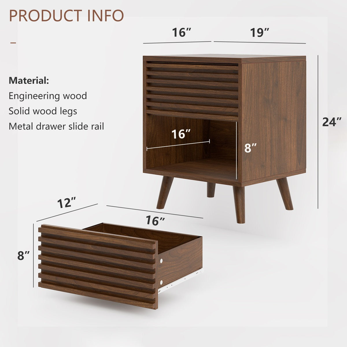 ADOUER WOOD Solid Wood Mid-Century Modern Bedside Table with Slatted Drawer and Open Shelf