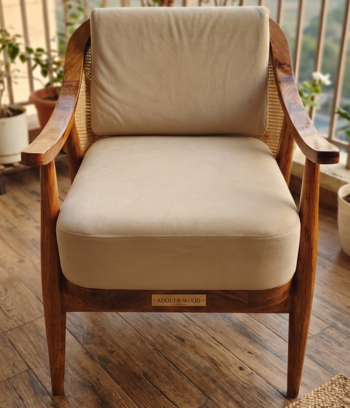 Adouer Wood Sheesham Solid Wood Armchair with Natural PU Finish