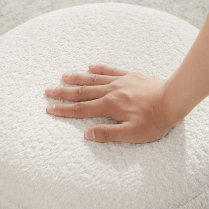 Pair of Boucle Hourglass Accent Stools - Solid Wood Frame