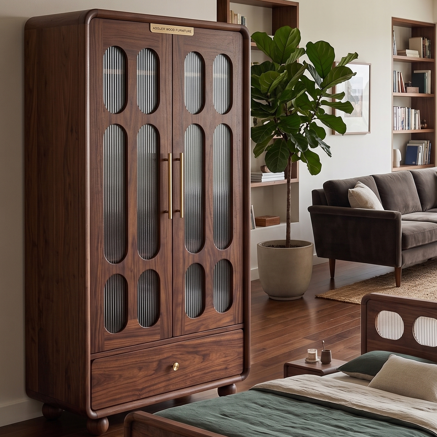 ADOUER WOOD The Capsule Fluted acrylic Glass Solid Wood Wardrobe – Modern 2-Door Almirah with Bottom Drawer