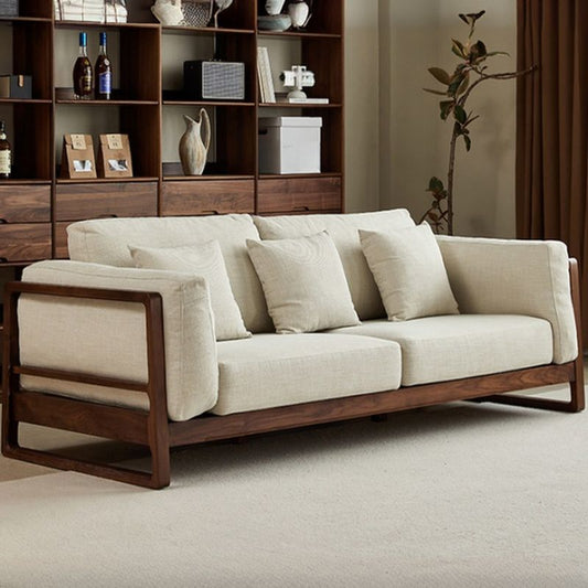 Adouer Wood Handcrafted Sheesham Wooden 3-Seater Sofa with Comfortable Cotton Fabric – Modern Living Room Furniture-Light Beige