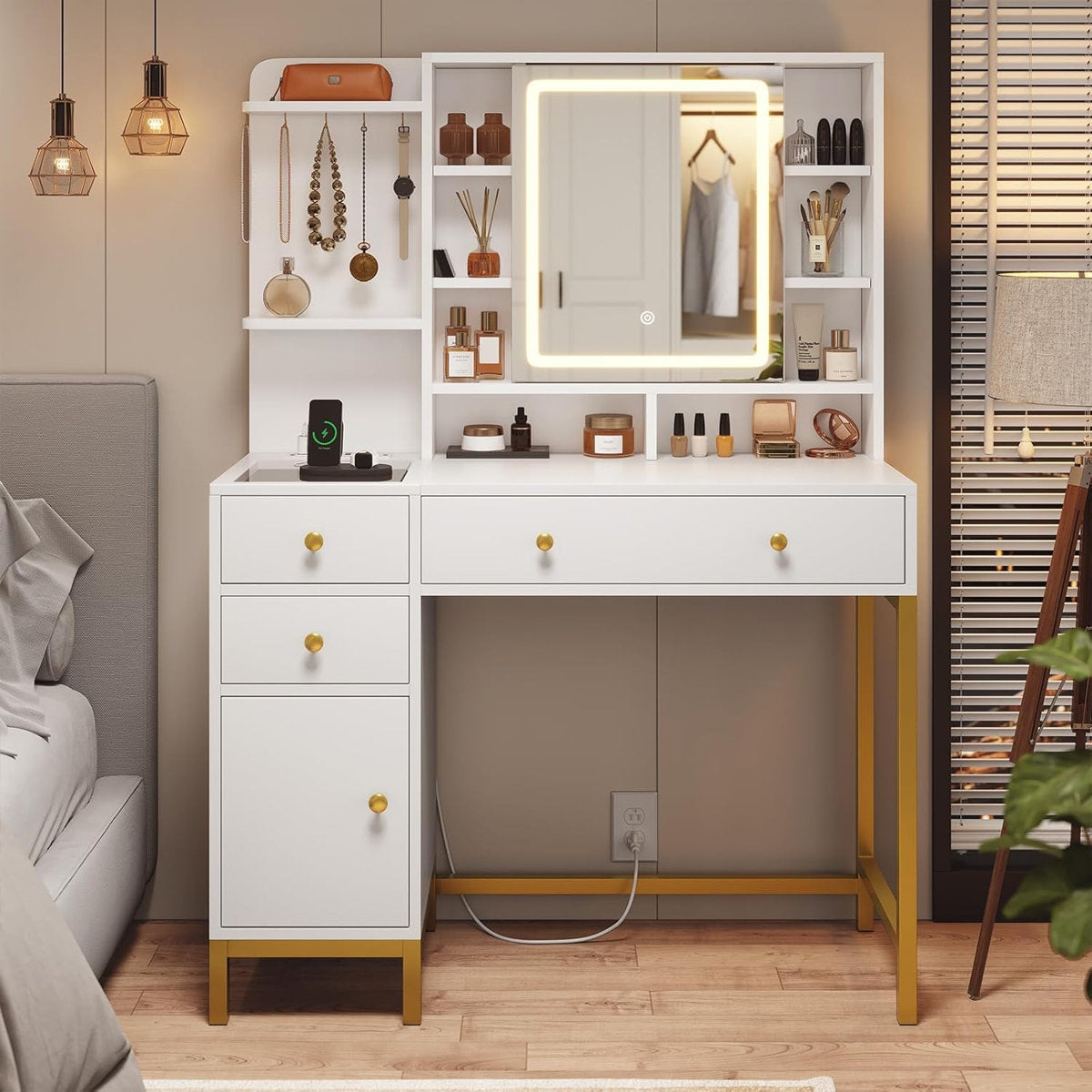 Premium Solid Wood Dressing Table featuring Multi-Tier Shelving and Smart LED Square Mirror