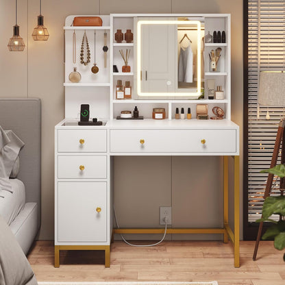 Premium Solid Wood Dressing Table featuring Multi-Tier Shelving and Smart LED Square Mirror