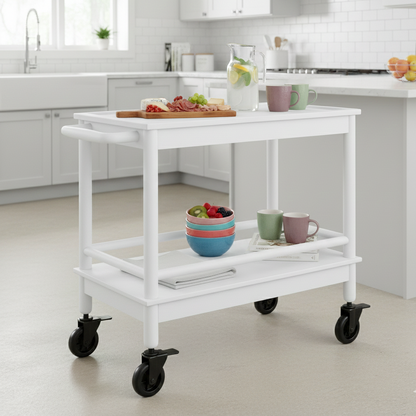ADOUER WOOD Premium Acacia Wood Bar Cart – 2-Tier Mobile Serving Trolley with Solid Wood Frame & Handle – Rolling Kitchen Island with PVC Wheels
