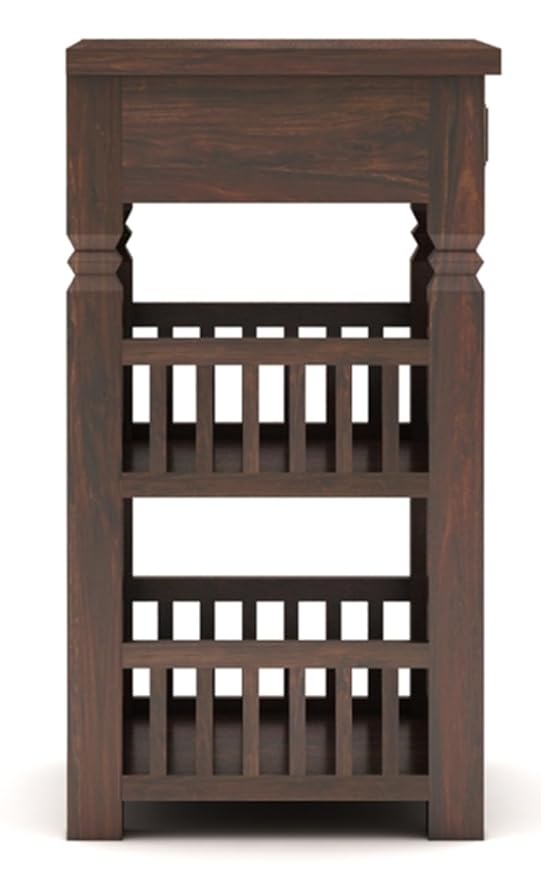 Sheesham 2-Tier Bed Side Table , Narrow End Side Table, Space-Saving Slim Night Stand with Shelf and Drawer Storage