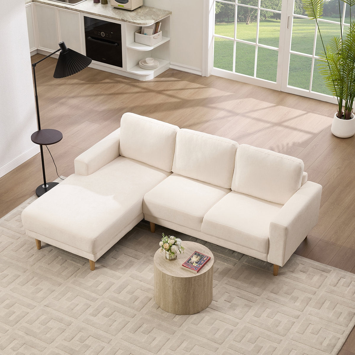 Luxury Acacia Wood Frame Velvet Sectional Sofa with Reversible Chaise