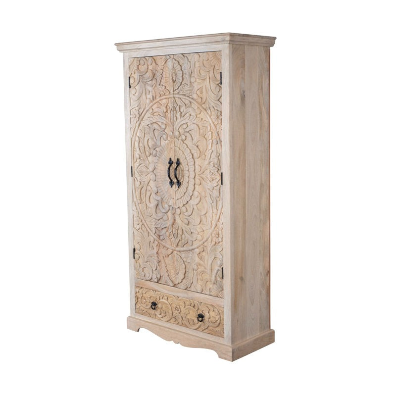 ADOUER WOOD Hand-Carved Solid Wood Wardrobe – Bohemian Floral Mandala Armoire with Integrated Storage Drawer