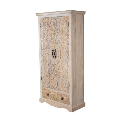 ADOUER WOOD Hand-Carved Solid Wood Wardrobe – Bohemian Floral Mandala Armoire with Integrated Storage Drawer