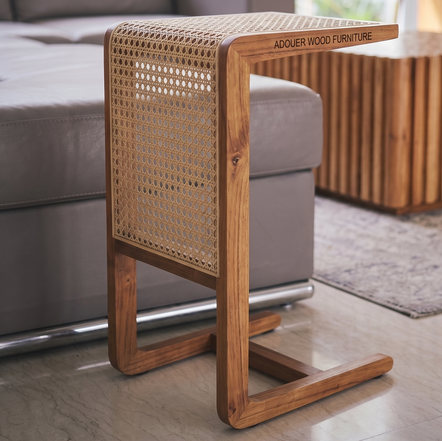 ADOUER WOOD Modern C-Shaped Side Table with Natural Rattan Webbing
