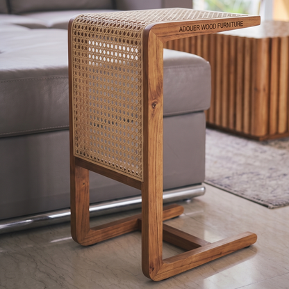 ADOUER WOOD Modern C-Shaped Side Table with Natural Rattan Webbing