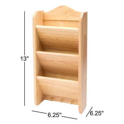 The Functional Design Choice: Handcrafted Natural Wood Wall Organizer - 3-Slot Letter Holder with Key Hooks