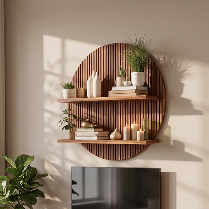 ADOUER WOOD Modern Circular Fluted Wood Wall Decor – 2-Tier Floating Shelf