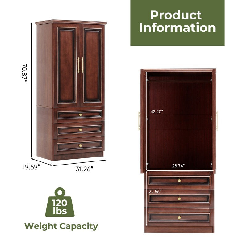 ADOUER WOOD Solid Wood 2-Door Wardrobe – Elegant with 3 Deep Storage Drawers – Traditional Bedroom Almirah with Gold-Tone Hardware