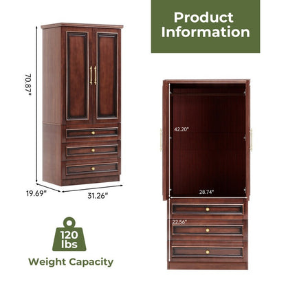 ADOUER WOOD Solid Wood 2-Door Wardrobe – Elegant with 3 Deep Storage Drawers – Traditional Bedroom Almirah with Gold-Tone Hardware