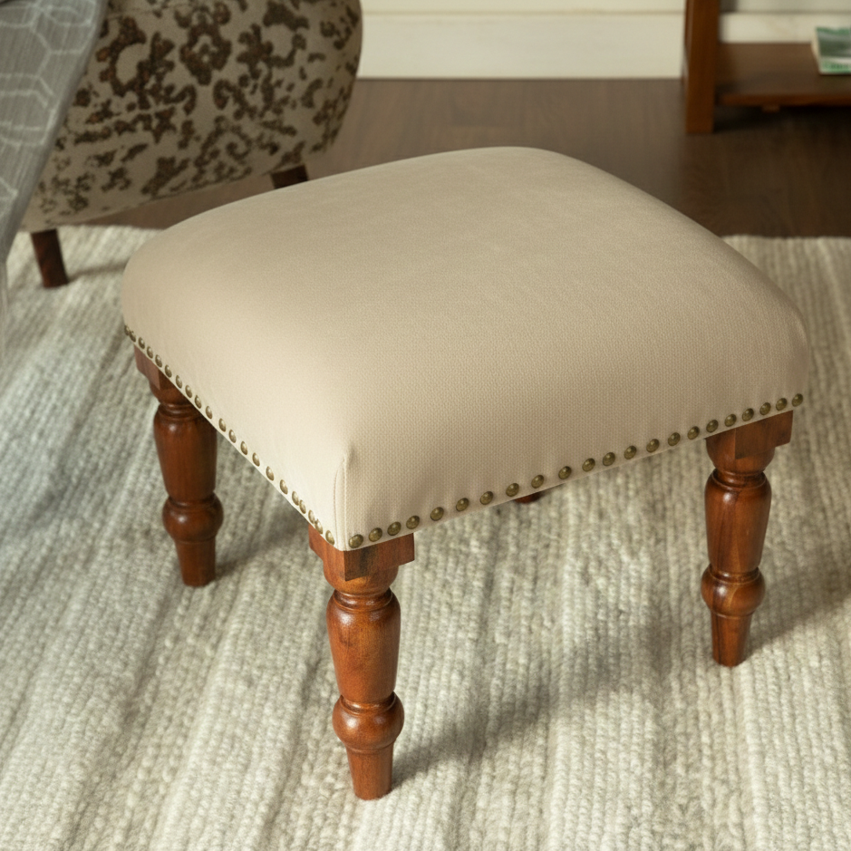 ADOUER WOOD Handcrafted SOLID Wood Footstool with Beige Upholstery and Brass Studs
