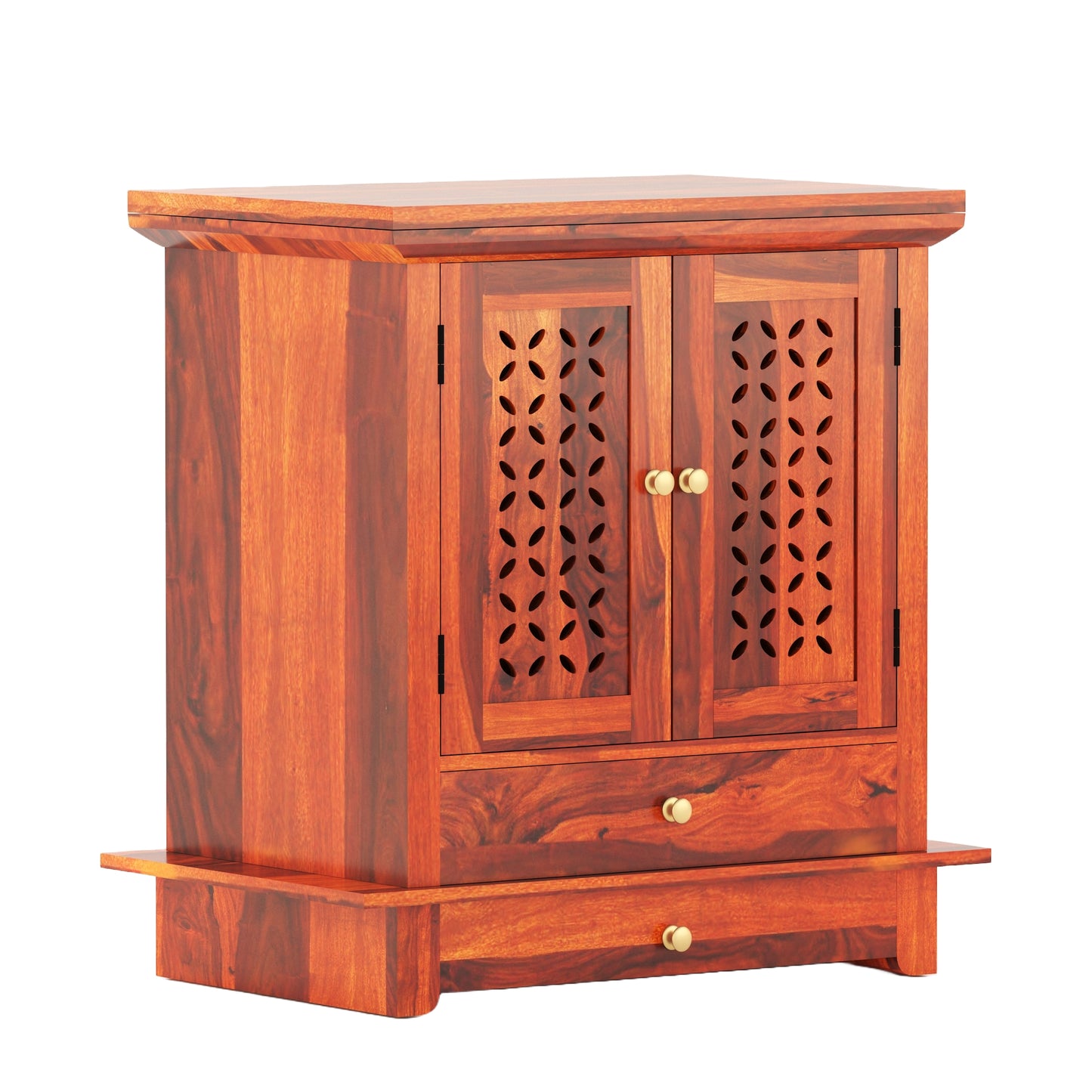 ADOUER WOOD 31'' Sheesham Wood Hand Double Drawers And 2 Door Pooja Mandir (Honey)