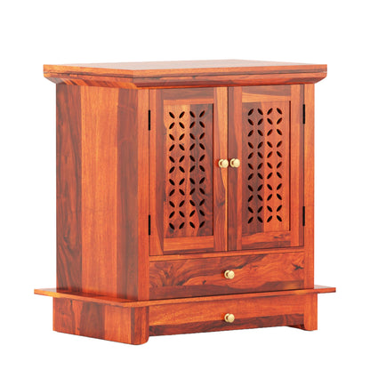 ADOUER WOOD 31'' Sheesham Wood Hand Double Drawers And 2 Door Pooja Mandir (Honey)