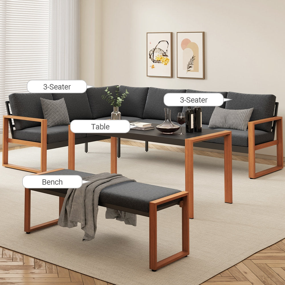 Adouer Wood Signature Series: Contemporary 7-Seater Patio Sofa with Integrated Dining Table and Bench