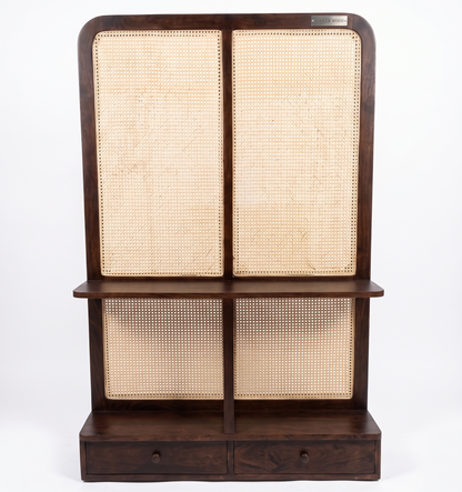 ADOUER WOOD Adouer Wood Rattan Partition Screen – Dark Walnut Acacia Wood Room Divider with Drawers