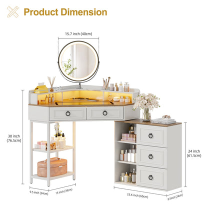 Premium Solid Wood Corner Vanity Station: Includes Lighted Mirror, Glass Top Display & Side Chest