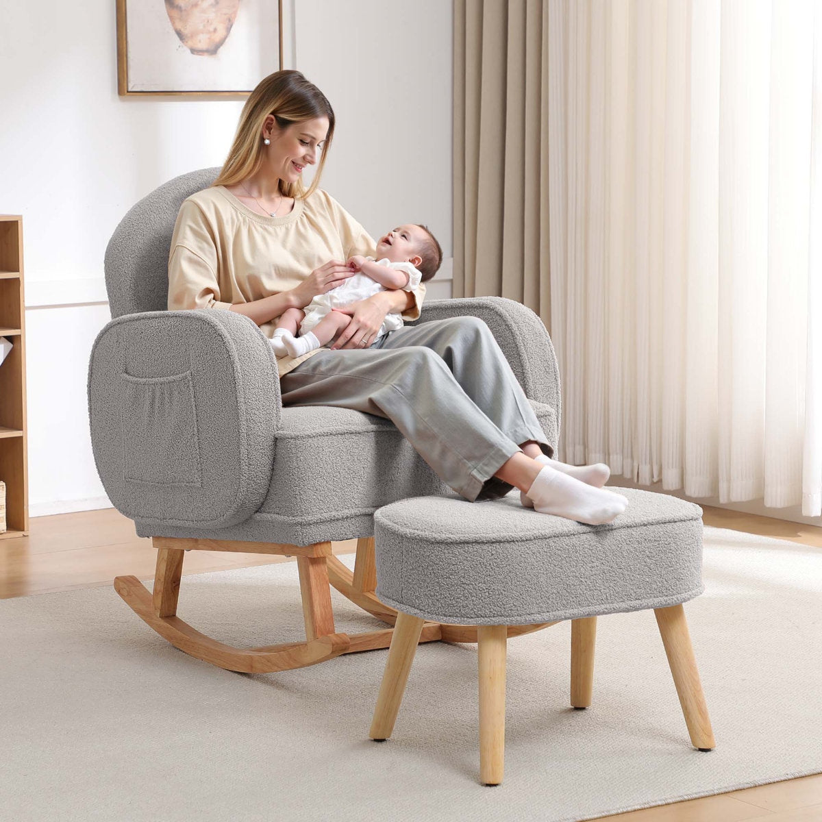 Modern Grey Boucle Rocking Chair and Ottoman with Natural Wood Accents