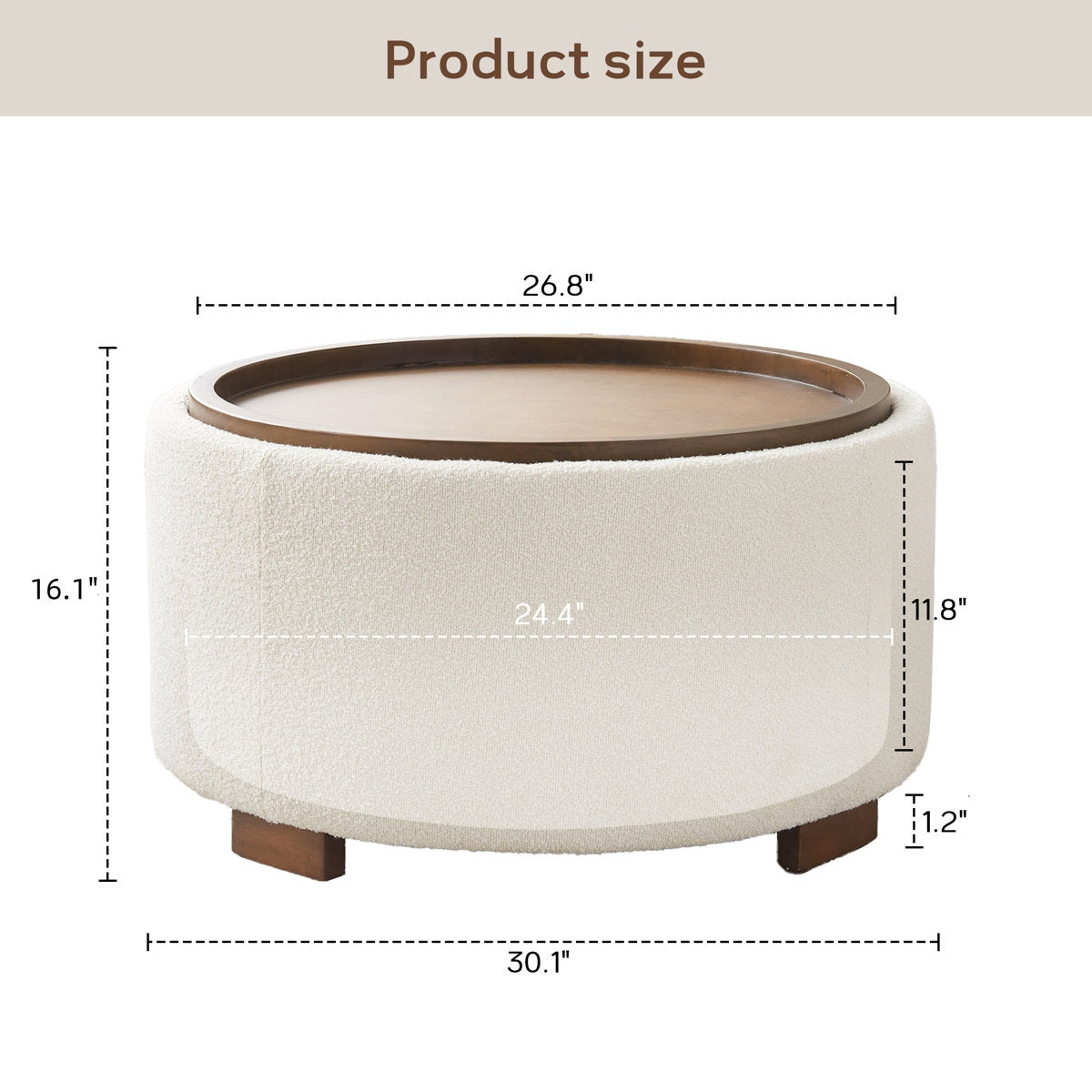 Round Boucle Storage Ottoman with Removable Acacia Wood Tray Table