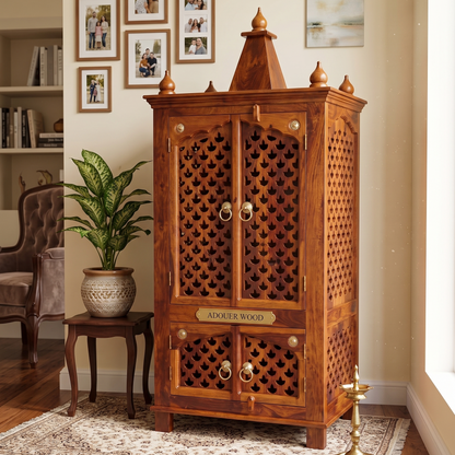 ADOUER WOOD Handcrafted Sheesham Wood Home Temple with Intricate Jali Work & Storage Drawer