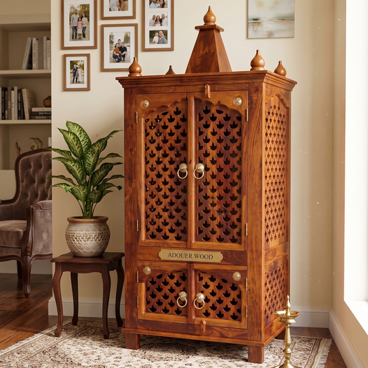 ADOUER WOOD Handcrafted Sheesham Wood Home Temple with Intricate Jali Work & Storage Drawer