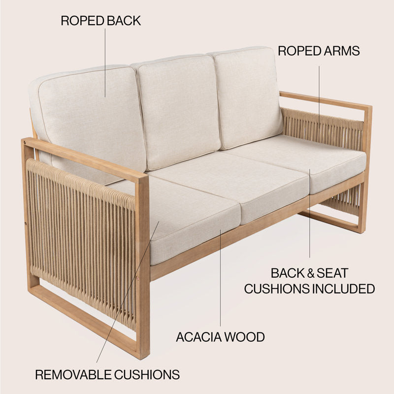 ADOUER WOOD Coastal Modern 3-Seat Outdoor Sofa – Natural Acacia Wood & Wrapped Rope Accent