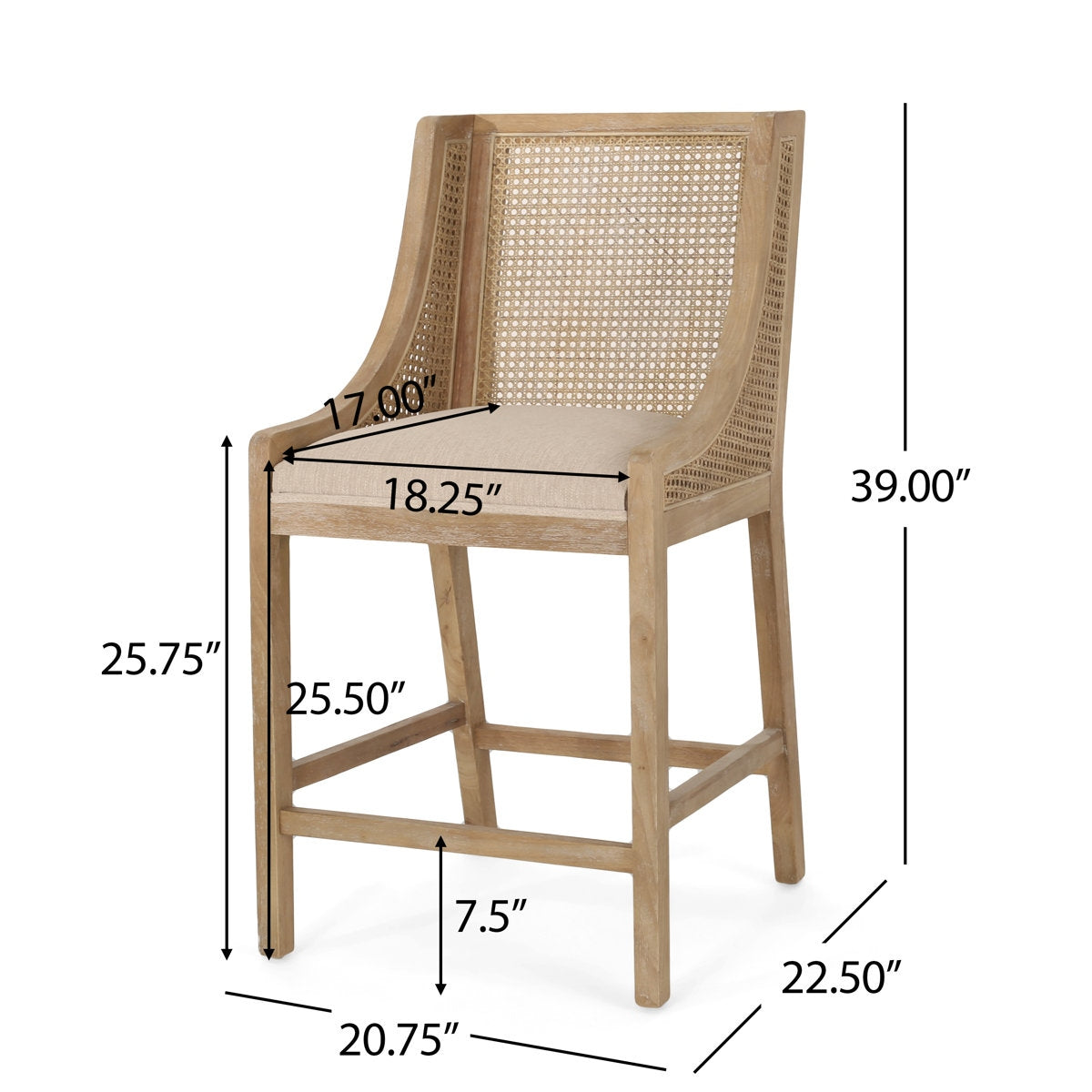 Solid Wood Counter Height Stools with Natural Rattan Backrest and Premium Upholstered Cushioning – Set of 2