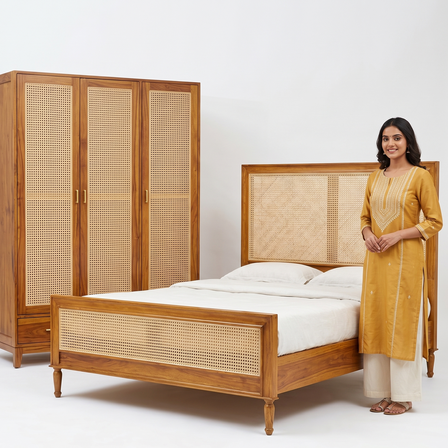 ADOUER WOOD Handcrafted Solid Wood Bed Frame with Woven Cane Headboard and Footboard