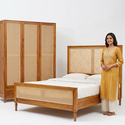 ADOUER WOOD Handcrafted Solid Wood Bed Frame with Woven Cane Headboard and Footboard