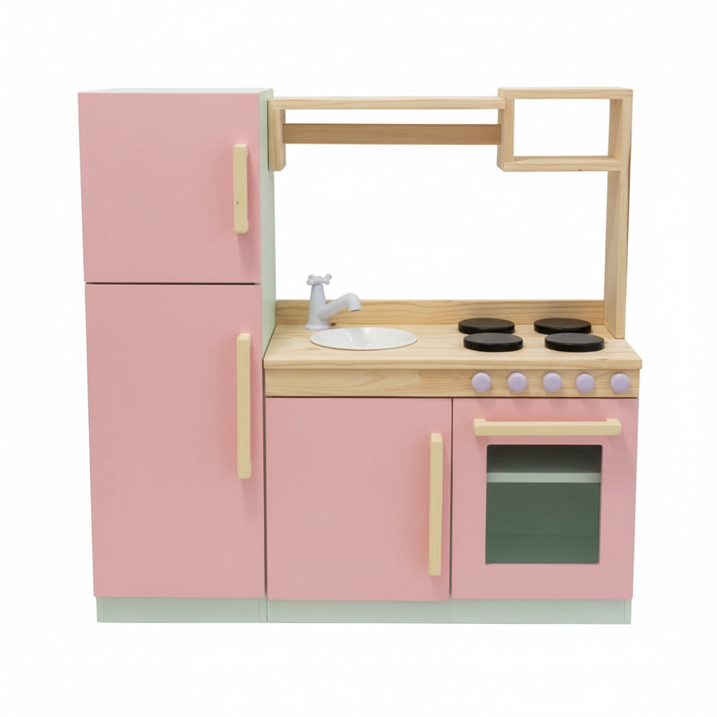 Premium Wooden Kids Play Kitchen Set – All-in-One Toy Kitchen with Fridge, Oven, Sink & Stove – Pastel Pink & Natural Wood Montessori Toy