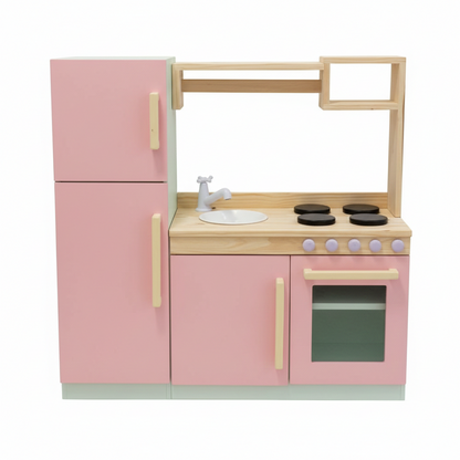 Premium Wooden Kids Play Kitchen Set – All-in-One Toy Kitchen with Fridge, Oven, Sink & Stove – Pastel Pink & Natural Wood Montessori Toy