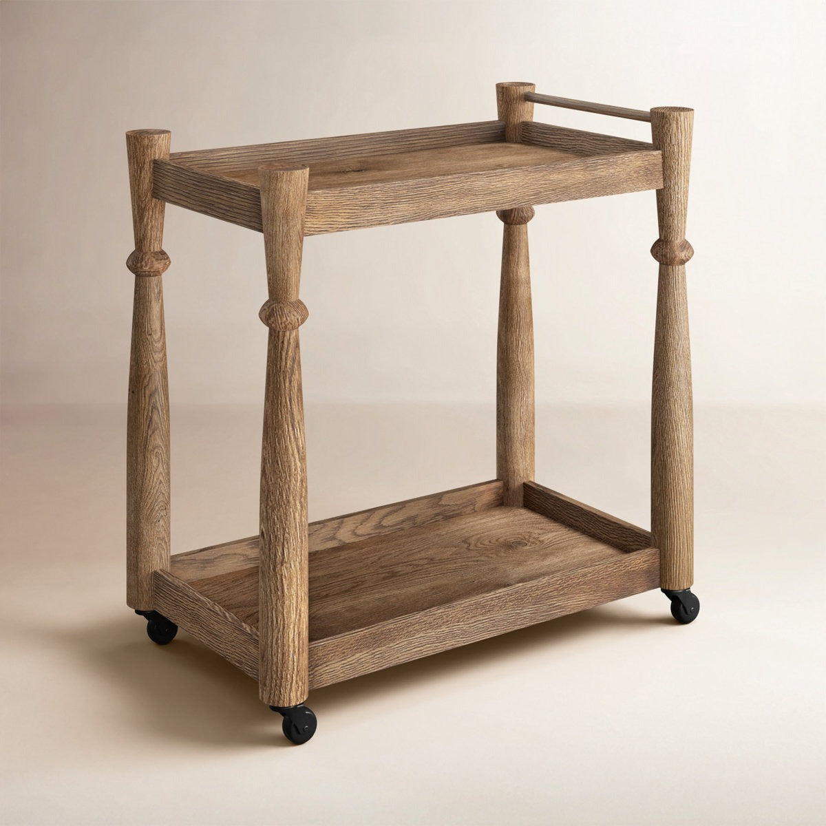 ADOUER WOOD Solid Wood  2-Tier Rolling Bar Cart with Spindle Legs and Locking Casters