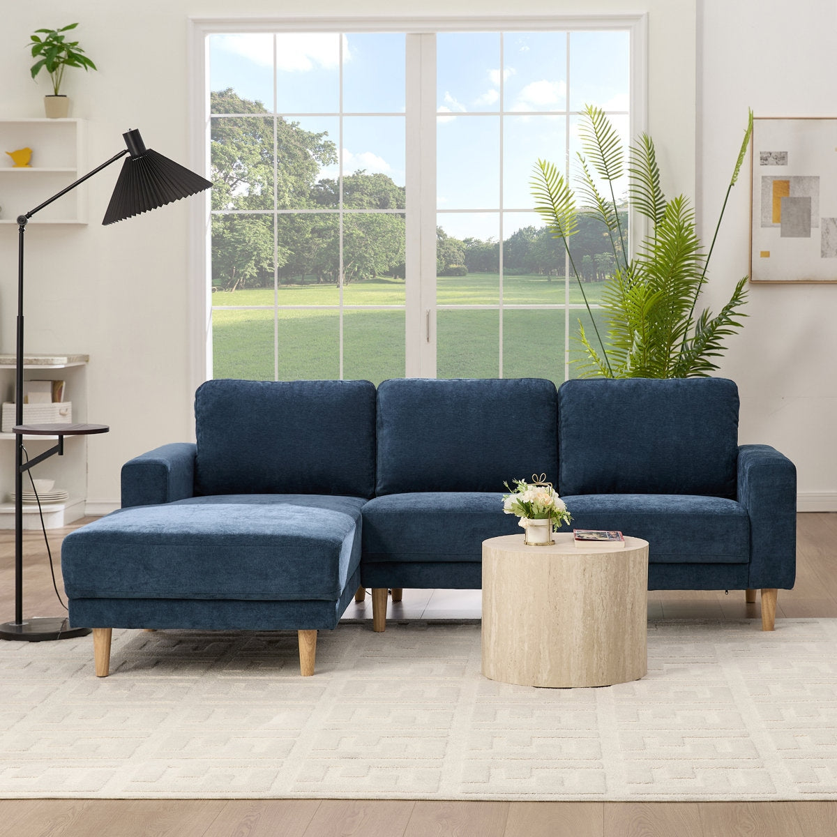 Luxury Acacia Wood Frame Velvet Sectional Sofa with Reversible Chaise