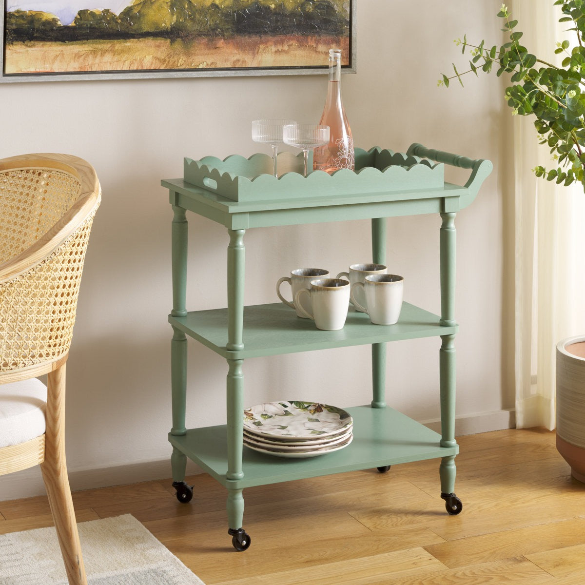 ADOUER WOOD  3-Tier Rolling Bar Cart with Removable Scalloped Tray and Spindle Legs