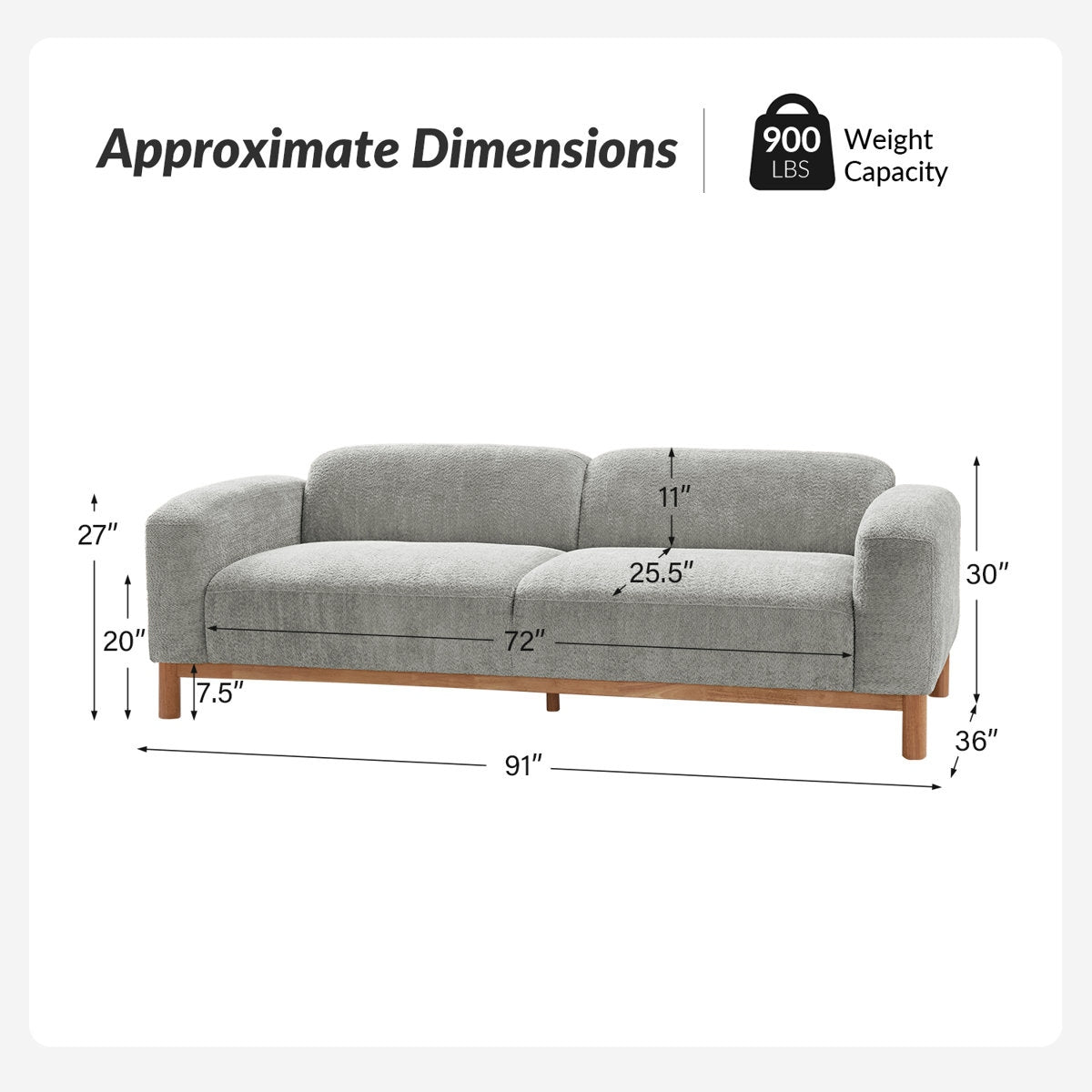 Modern Comfort Boucle 3 Seater Sofa with Natural Acacia Wood Frame