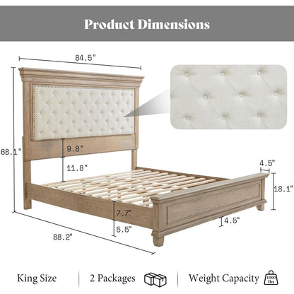 Adouer Wood Solid Wood King Size Bed with Tufted Fabric Headboard & Natural Grain Finish