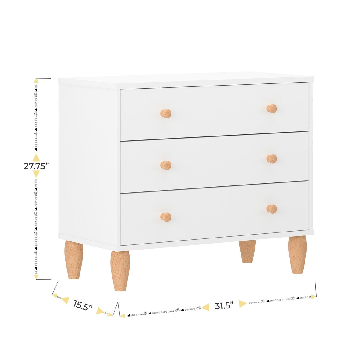 ADOUER WOOD Solid Wood 3-Drawer Kids Chest of Drawers – Modern White Nursery Dresser with Natural Legs & Knobs – Minimalist Storage Organizer for Kids Bedroom
