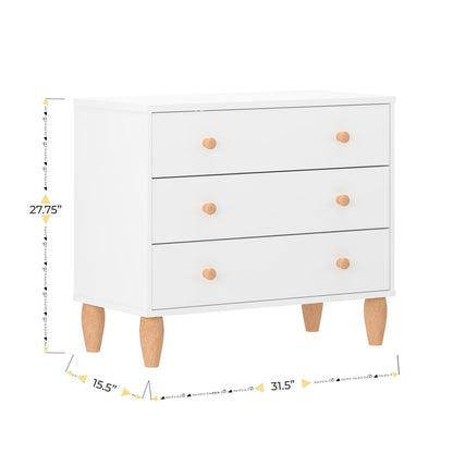 ADOUER WOOD Solid Wood 3-Drawer Kids Chest of Drawers – Modern White Nursery Dresser with Natural Legs & Knobs – Minimalist Storage Organizer for Kids Bedroom